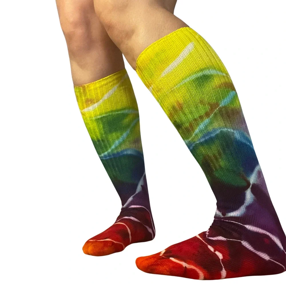 Ice Dyed Bamboo Socks - Tie Dye Stockings - Rainbow Red Yellow Green (One Size)